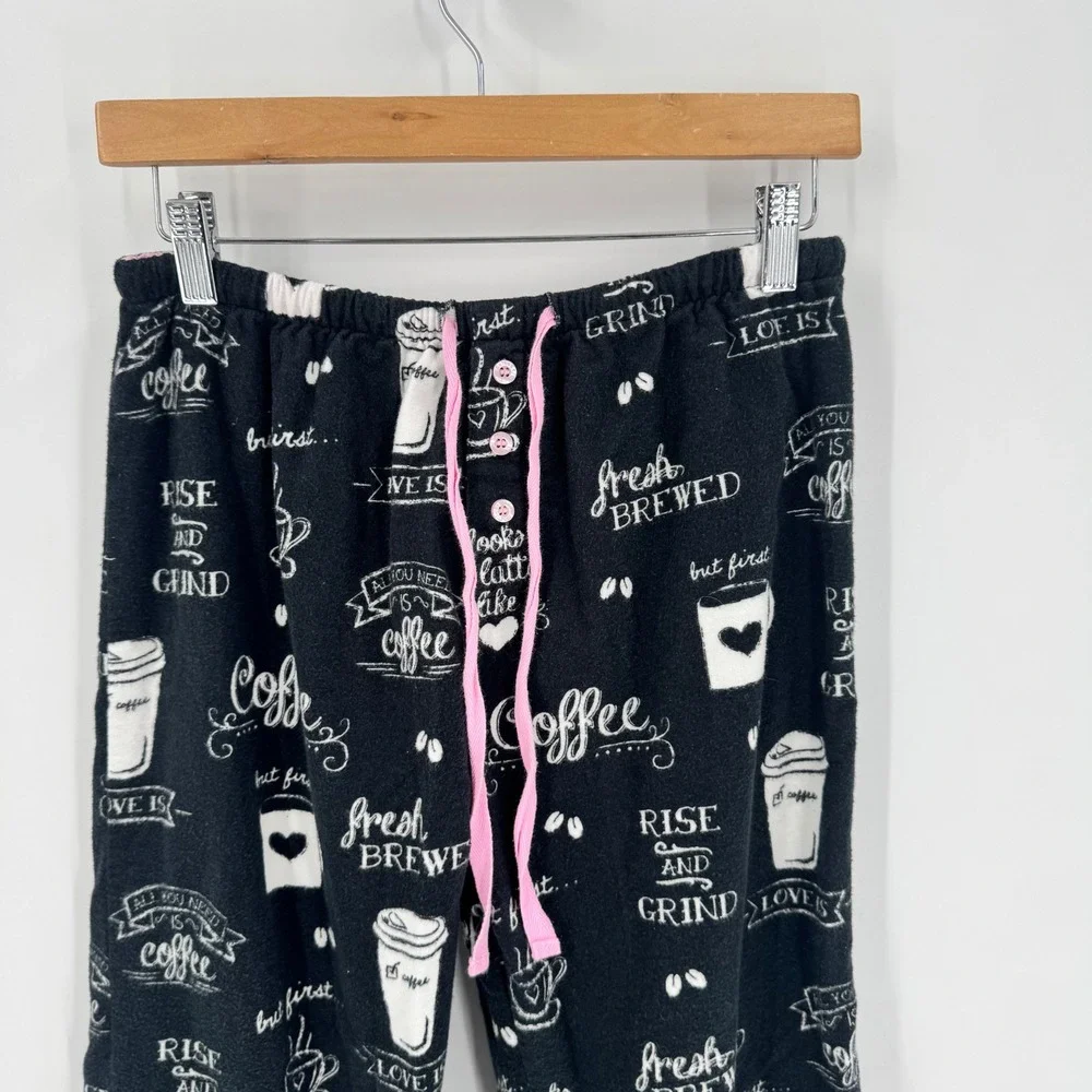 PJ Salvage Pajama Set Women S Black Coffee Print Flannel Button Front Pants - Picture 9 of 12